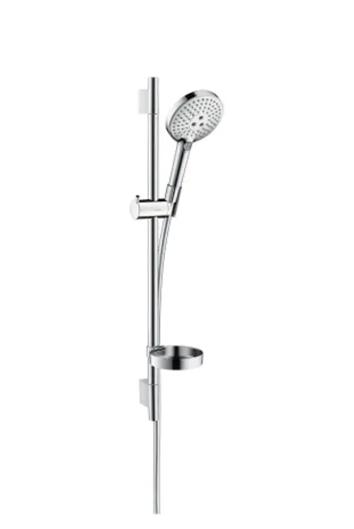 Hansgrohe Brauseset mit verstellbarer Dusche, Wandhalterung und Seifenschale in Chrom auf einer senkrechten Brausestange.
